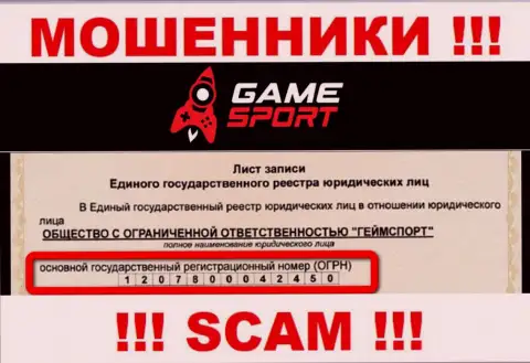 Регистрационный номер организации, которая владеет Game Sport Bet - 1207800042450