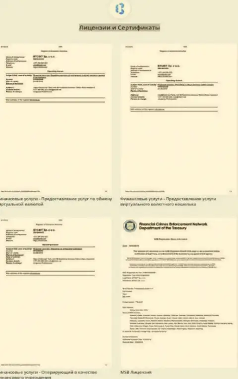 Лицензионные документы и сертификаты online-обменника БТКБит