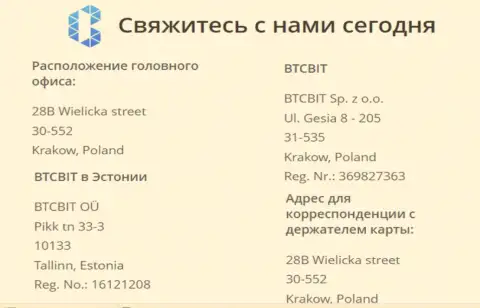 Официальный адрес организации BTCBit и расположение представительского офиса online-обменника в Эстонии, городе Таллине