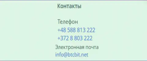 Телефоны и адрес электронного ящика обменного online пункта БТК Бит
