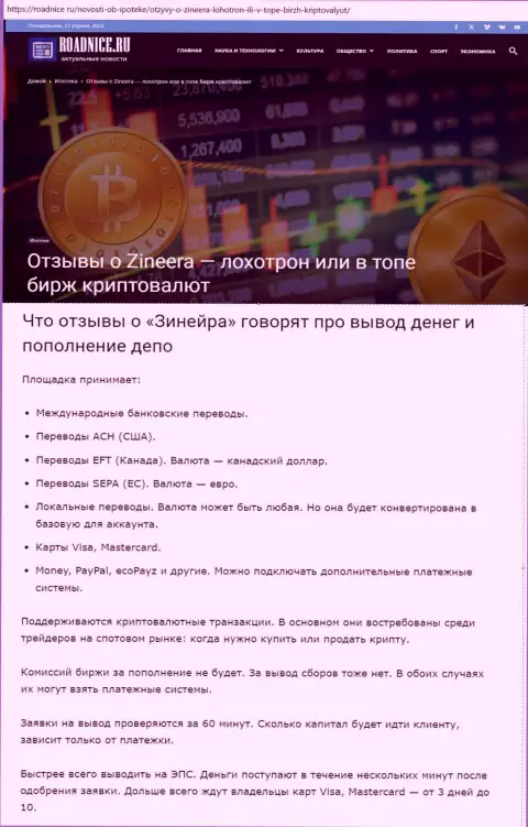 О выводе депозитов в организации Зиннейра Ком в информационной публикации на веб-сервисе Roadnice Ru